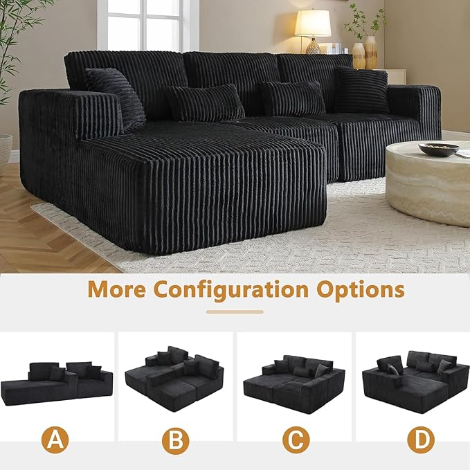 Vanress 110" Cloud Couch Sectional, Corduroy Boneless Couch with L-Shape Chaise,Modern Modular Sectional Sofa Comfy Deep Seat for Living Room, Bedroom, No Assembly (Black, Right Facing Chaise)