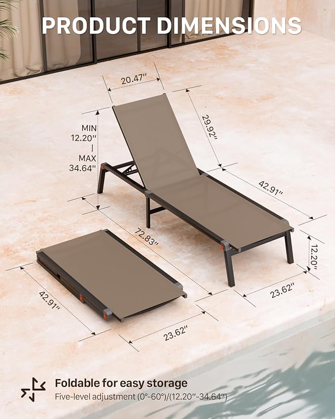 WOAJNQO Aluminum Patio Chaise Lounge Chair Set of 2 with Side Table,5-Position Adjustable Backrest,Foldable Lounge Chair Outdoor,Pool Lounge Chairs for Poolside,Lawn,Deck,Beach (Khaki, 2 Pack+Table)
