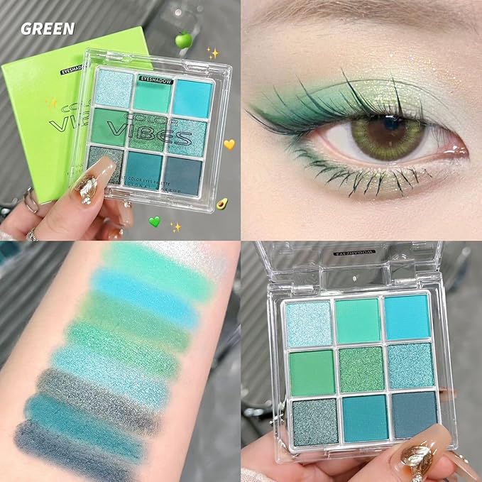 Go Ho 9 Colors Green Eyeshadow Palette,Light to Dark Green Eye Shadow Palette,Matte&Shimmer Eye Makeup Palette,Waterproof Grey&Green Powder Eyeshadow Makeup