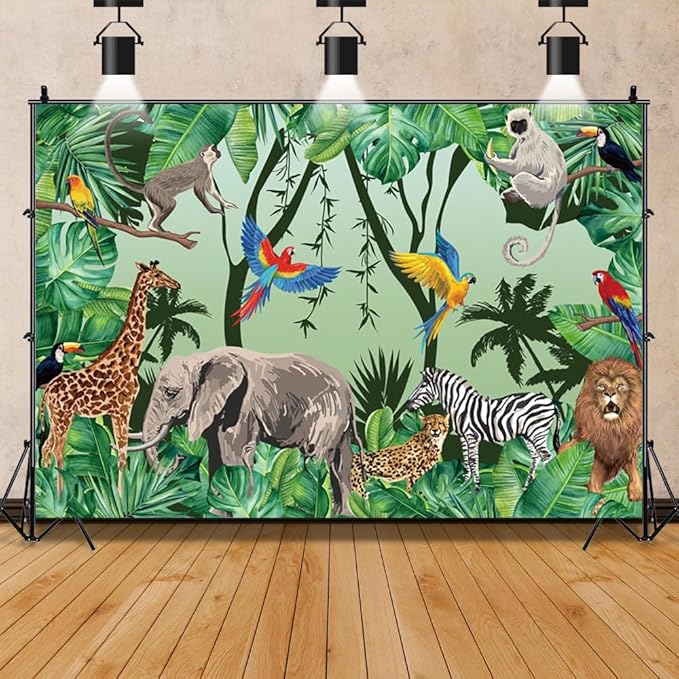 7x5ft Tropical Jungle Safari Animals Backdrop Tropical Forest Jungle Animal Photography Background Boy Birthday Baby Showe...