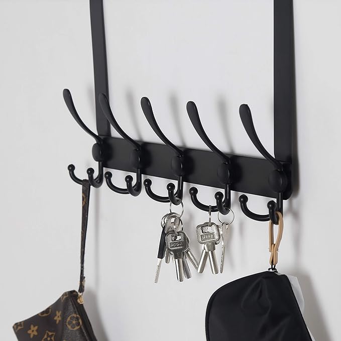 Dseap Over The Door Hook Hanger - 5 Tri Hooks, Heavy Duty Over The Door Towel Rack Coat Rack for Clothes Hat Towel, Black, 2 Packs