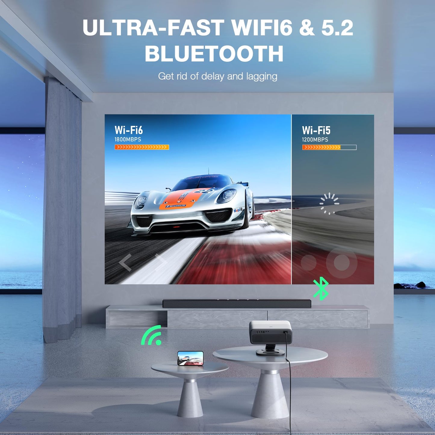 [Compatible with Netflix & Auto Focus]AuKing Smart Projector with Wifi and Bluetooth,Auto Focus&Keystone Projector4K,3D DoIby Audio, 1200ANSI Outdoor Projector with Omnidirectional Rotating Stand
