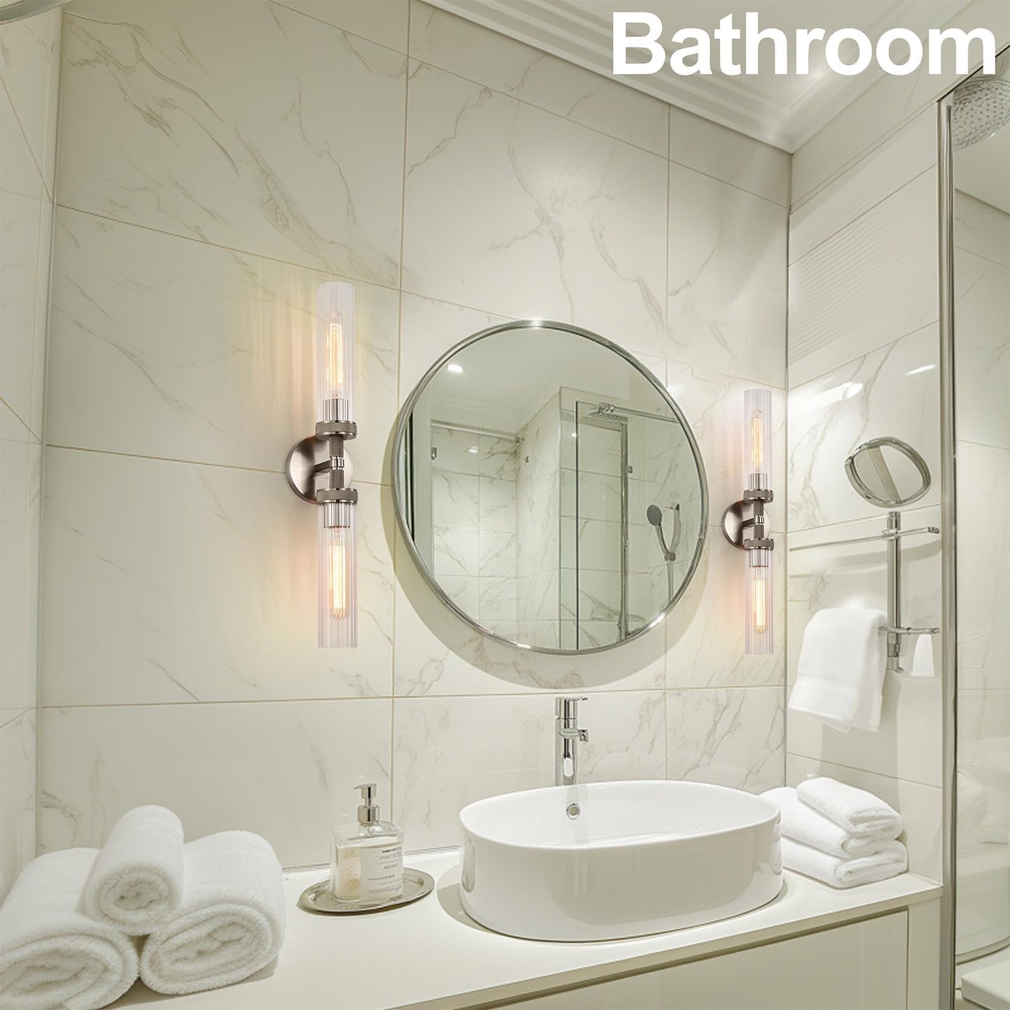 LaLuLa 2-Light Brushed Nickel Vanity Wall Lights Set of 2 –Hardwired Bathroom Light Fixtures with Rippled Glass Shades and Textured Metal Body, Chrome Accent Sconces for Over Mirror or Hallway