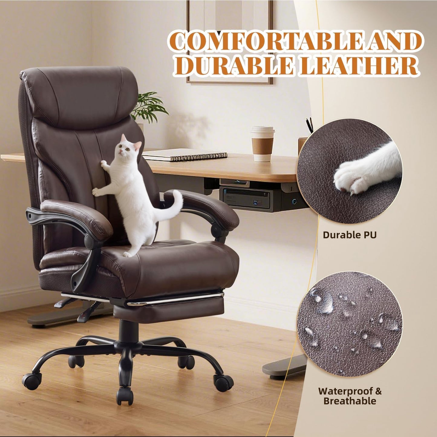 Garvee Comfortable Office Desk Chair 500 LBS, Big and Tall Office Chairs with Footrest,90-155°Recline Executive Leather Gaming Chair for Heavy People, Long Hours,Coffee