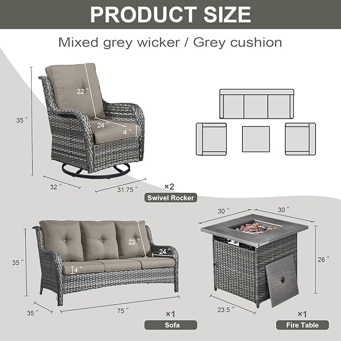 Belord Outdoor Patio Furniture Set with 50000BTU Propane Fire Pit Table, 4 Pieces Wicker Patio Conversation Set with 2 Swivel Rocker Glider Chairs Rattan Sofa Grey Cushion Perfect for Gathering