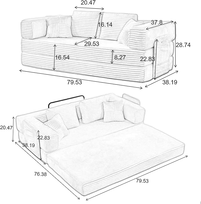 79.5" Folding Convertible Sofa Bed with Side Storage Pockets, 4-in-1 Corduroy Boneless Couch, No Assembly Loveseat Sleeper, Floor Sofa Daybed Futon Couch for Living Room Bedroom Lounge, Black Upgraded