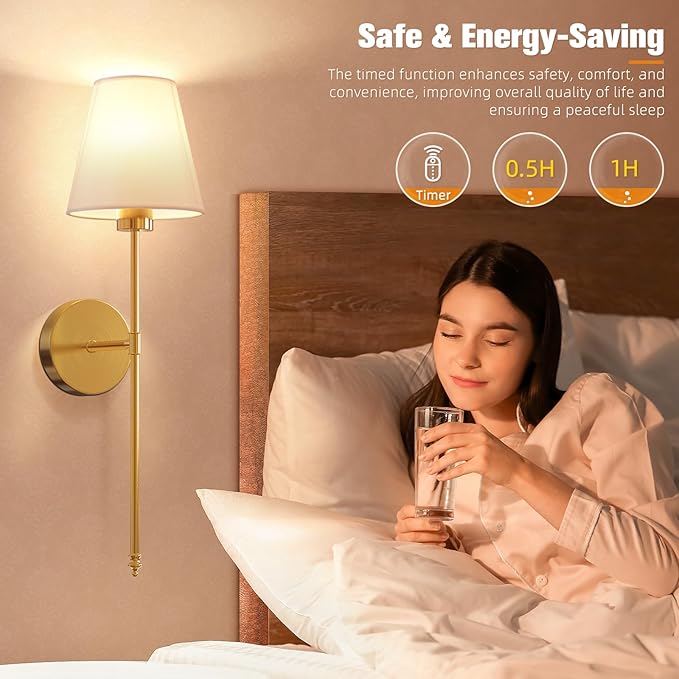 NIORSUN Battery Operated Wall Sconce Set of 2,Gold Rechargeable Wall Lights with 5200mAh Dimmable Bulbs and Remote,10 Colors Wireless Wall Lamps for Bedroom Living Room Hallway Decor