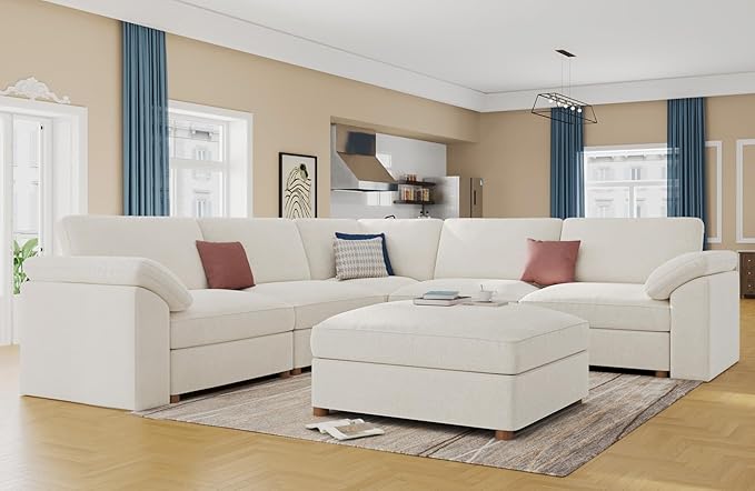 EASE MOOSE Sectional Modular Sofa,Luxury FSC Certified Chenille Comfty Deep Seat Couch for Living Room,Solid Wood Frame Sofa,White