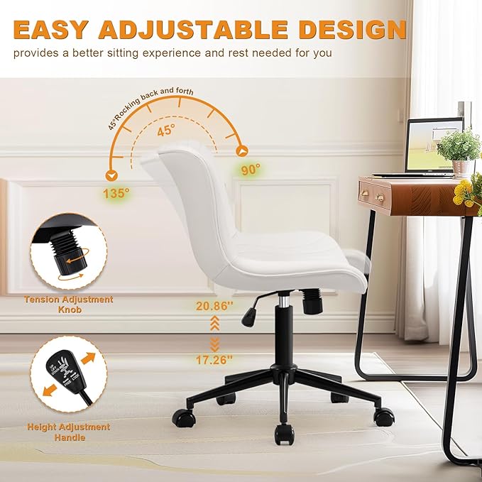 VATROS Office Chair, Armless Desk Chair with Wheels, Ergonomic Comfy Home Office Computer Task Chairs, Faux Leather Padded Cute Vanity Chair, Adjustable Height Swivel Chair with Back,White