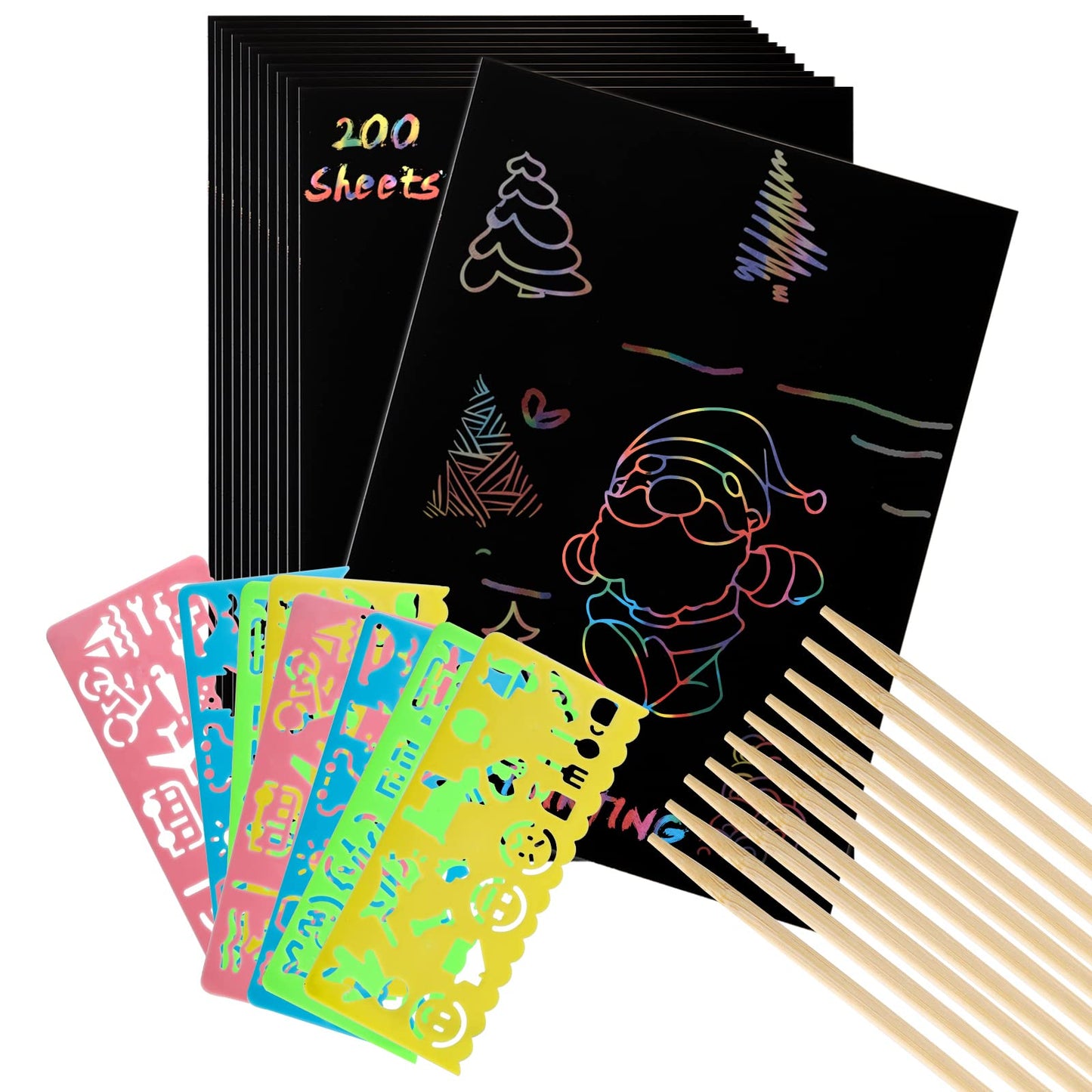 ZEAYEA 200 Pcs Scratch Paper Art Set, Scratch Off Magic Paper with 10 Stylus, 8 Stencils, Black Scratch Notes for Boys and Girls DIY Crafts Christmas Birthday Gift Cards