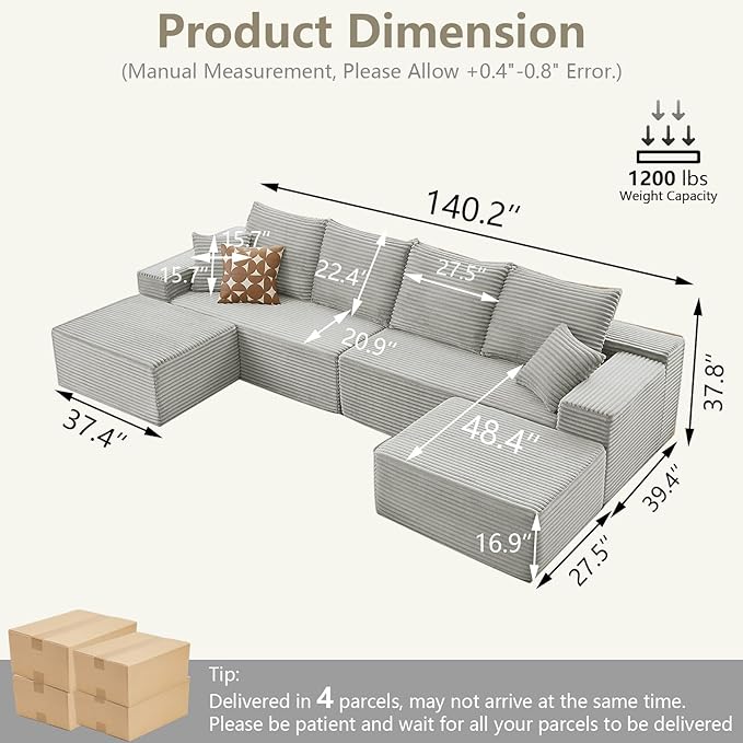 140" Sectional Cloud Couch for Living Room, Modular Floor Deep-Seat Sofa, Big Comfy Corduroy Couches Set with Fluffy Memory Foam, Stupendous U Shaped Sofas, No Assembly Required, Grey