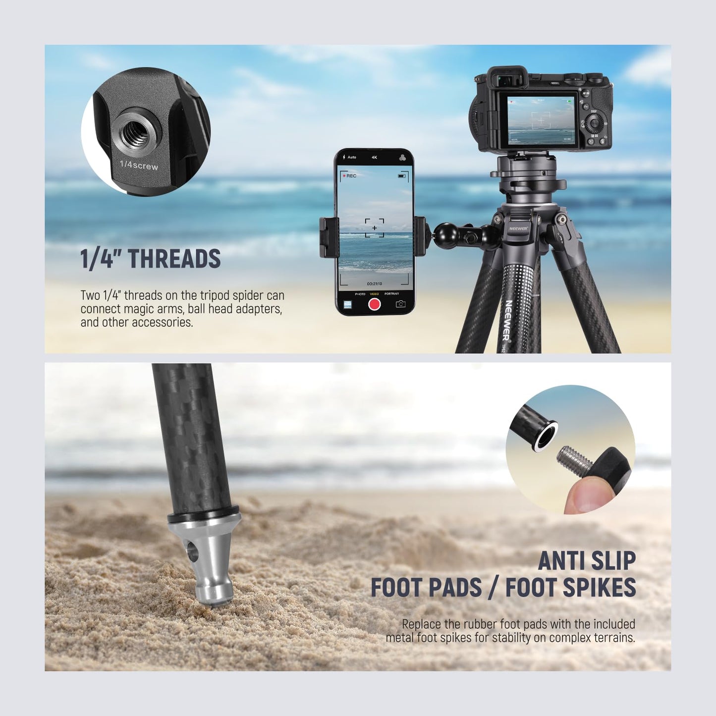 NEEWER LITETRIP LT32 62" Travel Tripod Carbon Fiber with ±15° Leveling 360° Panorama Head, Detachable Center Axis, Fast Flip Buckle, Arca QR Plate Compatible with PD, (Former TP62)