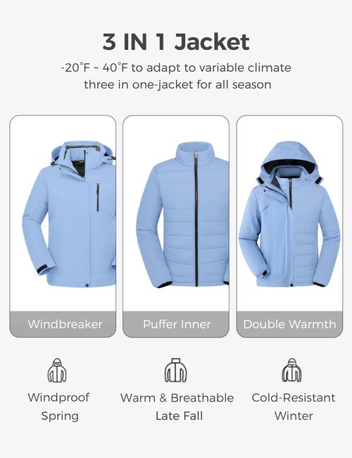 wantdo Women's Interchange Winter Jacket 3 in 1 Skiing Jacket Rain Coat Purple 4X-Large