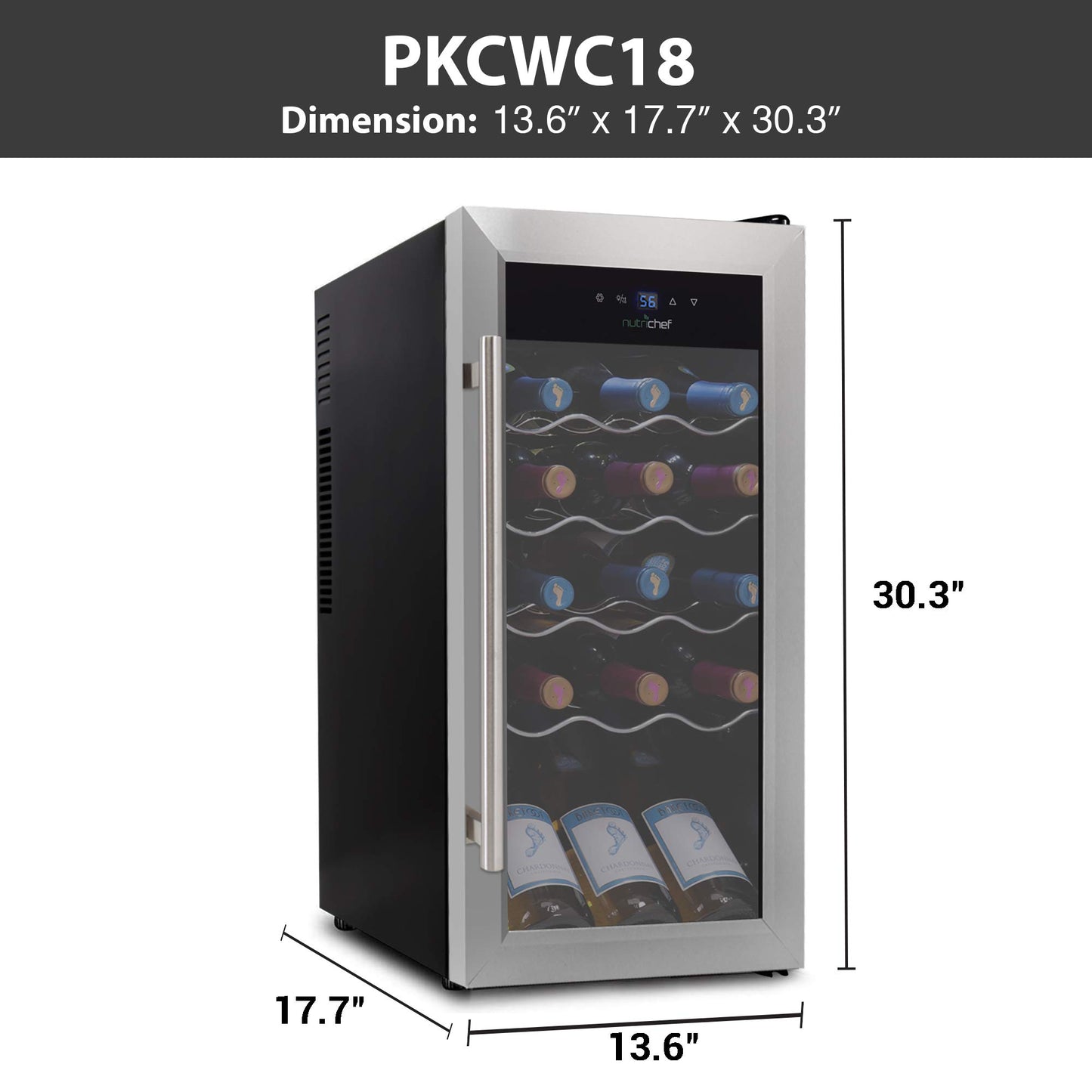 Nutrichef 18 Bottle Slim Wine Fridge | Red and White Wine Chiller | Adjustable Temperature Control 41°F to 64°F | Ultra Quiet Operation | Mini Wine Cooler for Home & Office | 30x13x17 IN