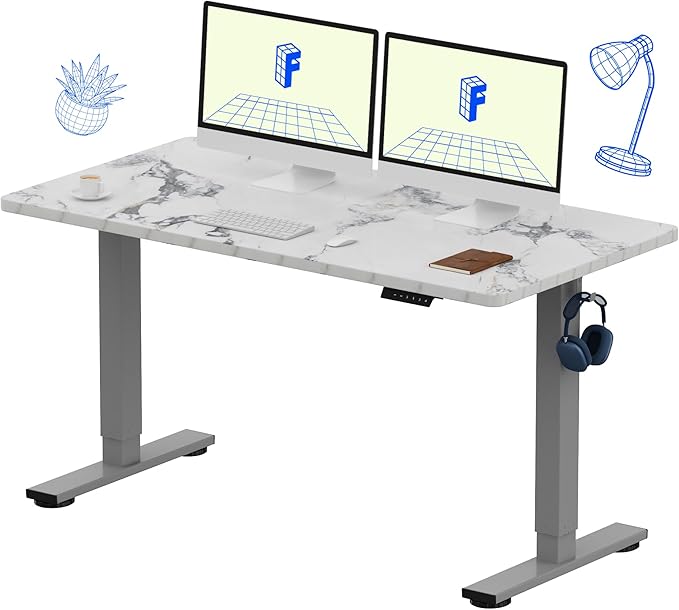 FLEXISPOT EN1 One-Piece Standing Desk 55 x 28 Inches Height Adjustable Electric Desk (Silver Frame + Marble Grey Top, 2 Packages)