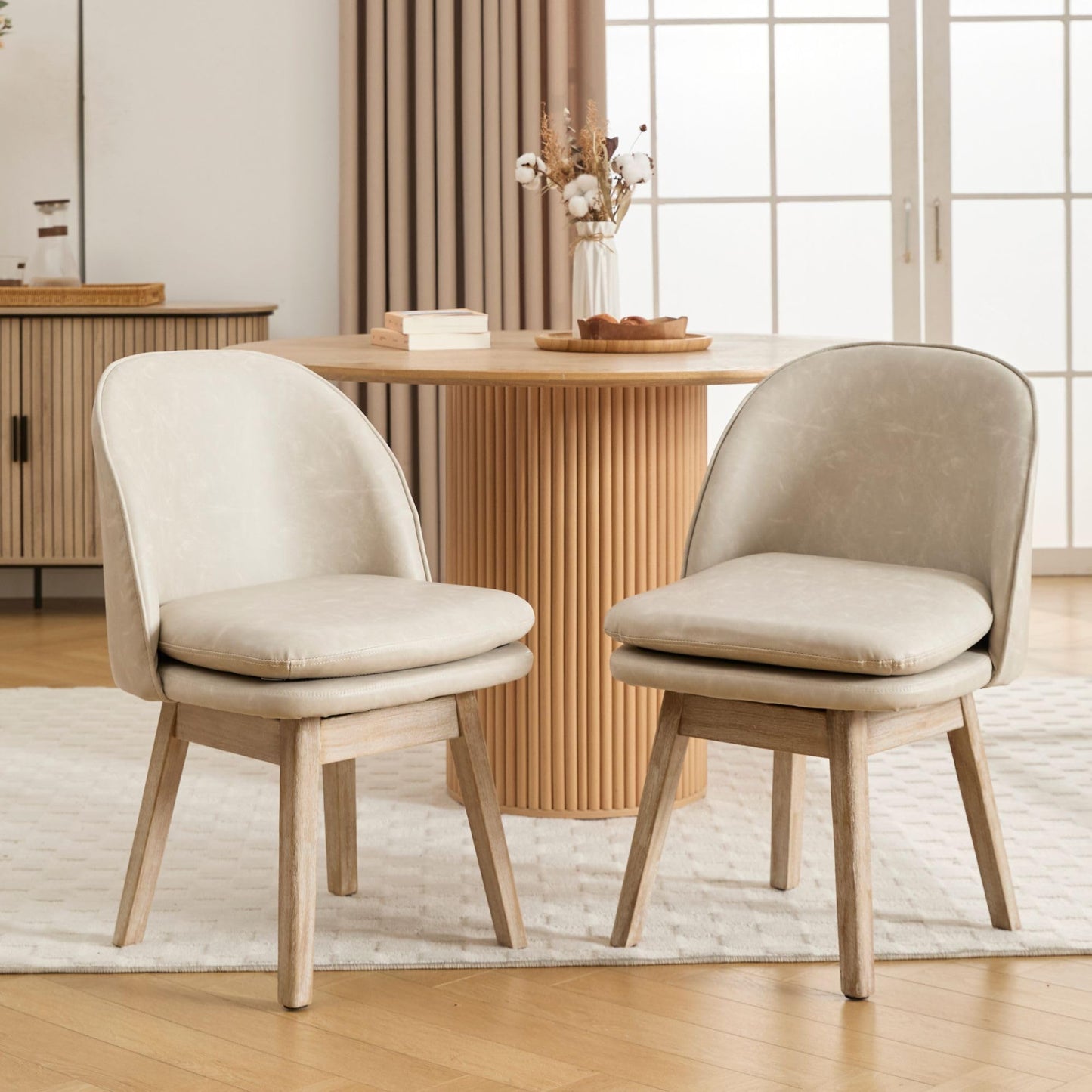Upholstered Dining Chairs Set of 2, Modern Faux Leather Dining Room Chairs with Solid Wood Legs & Double-Padded Seat, Swivel Accent Desk Chair for Kitchen Dining Room Restaurant - Pebble Grey