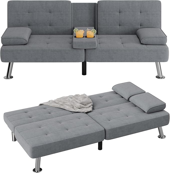 Flamaker Futon Sofa Bed Modern Folding Futon Set Linen Fabric Convertible Recliner Lounge for Living Room with 2 Cup Holders, Removable Armrests (Fabric, Grey)