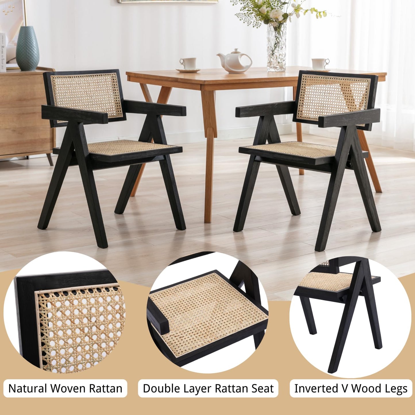 ChicAura Rattan Dining Chairs Set of 4, Mid Century Modern Dining Room Chairs Wicker Armchair Comfy Side Chair Black Wood Boho Kitchen Cane Side Chairs with Arms for Dining Room Bistro
