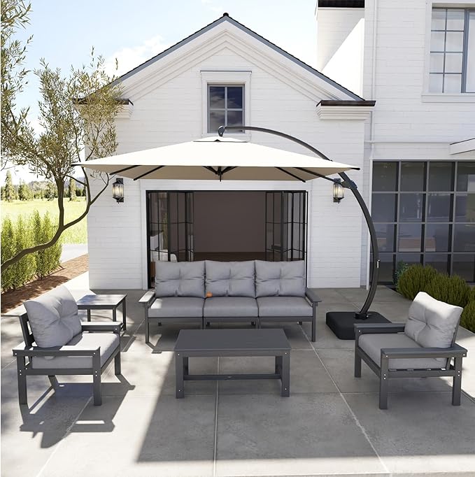 HDPE 7 Piece Patio Furniture Set, All-Weather Outdoor Couch Bistro Set with Hick Cushions & Umbrella, Patio Conversation Sets for Lawn, Garden, Porch, Balcony, Deck, Poolside, Grey