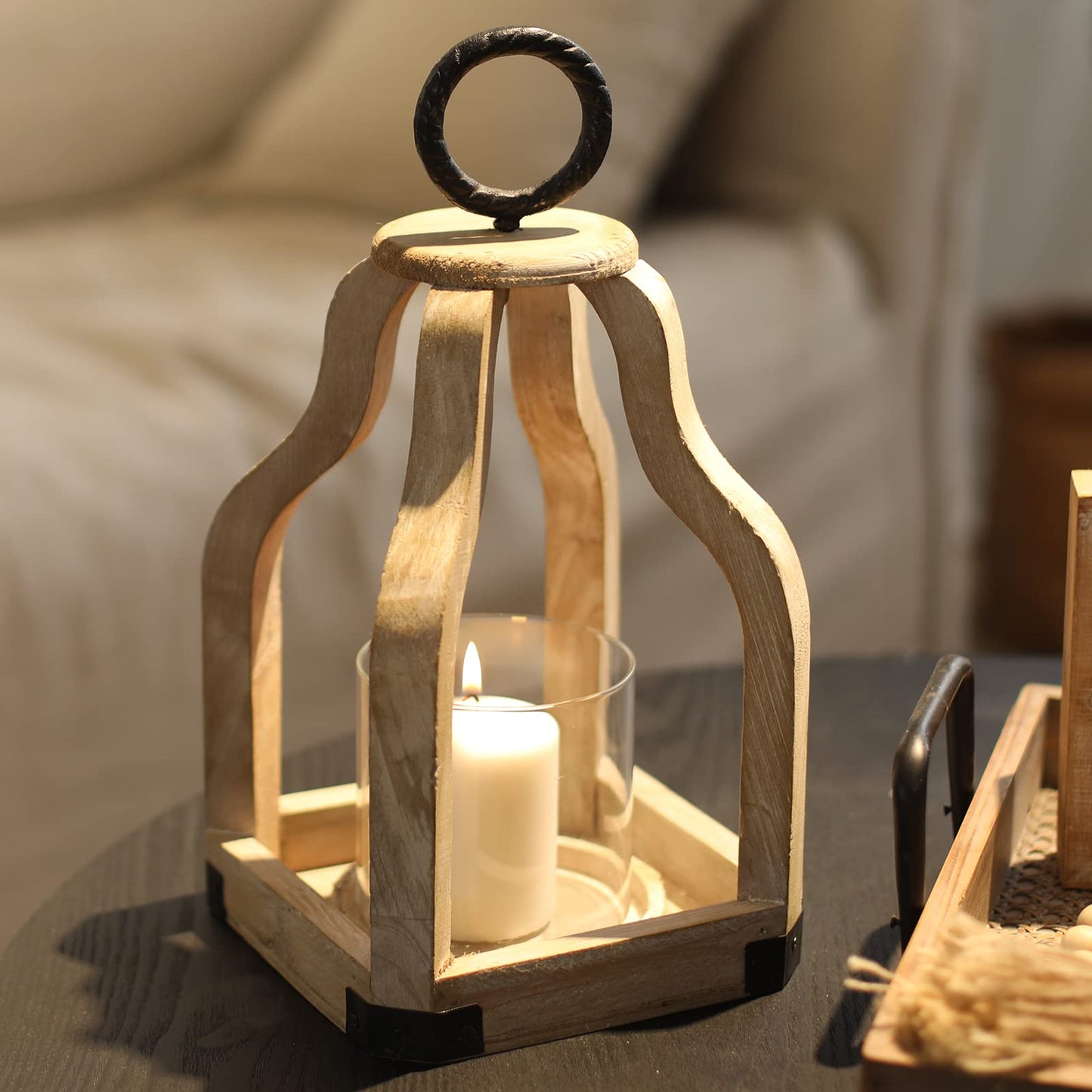 SWALLOWLIVING 13" Rustic Farmhouse Wood Candle Hurricane Lantern with Glass Candlestick Holder for Patio, Table Centerpiece, White Washed
