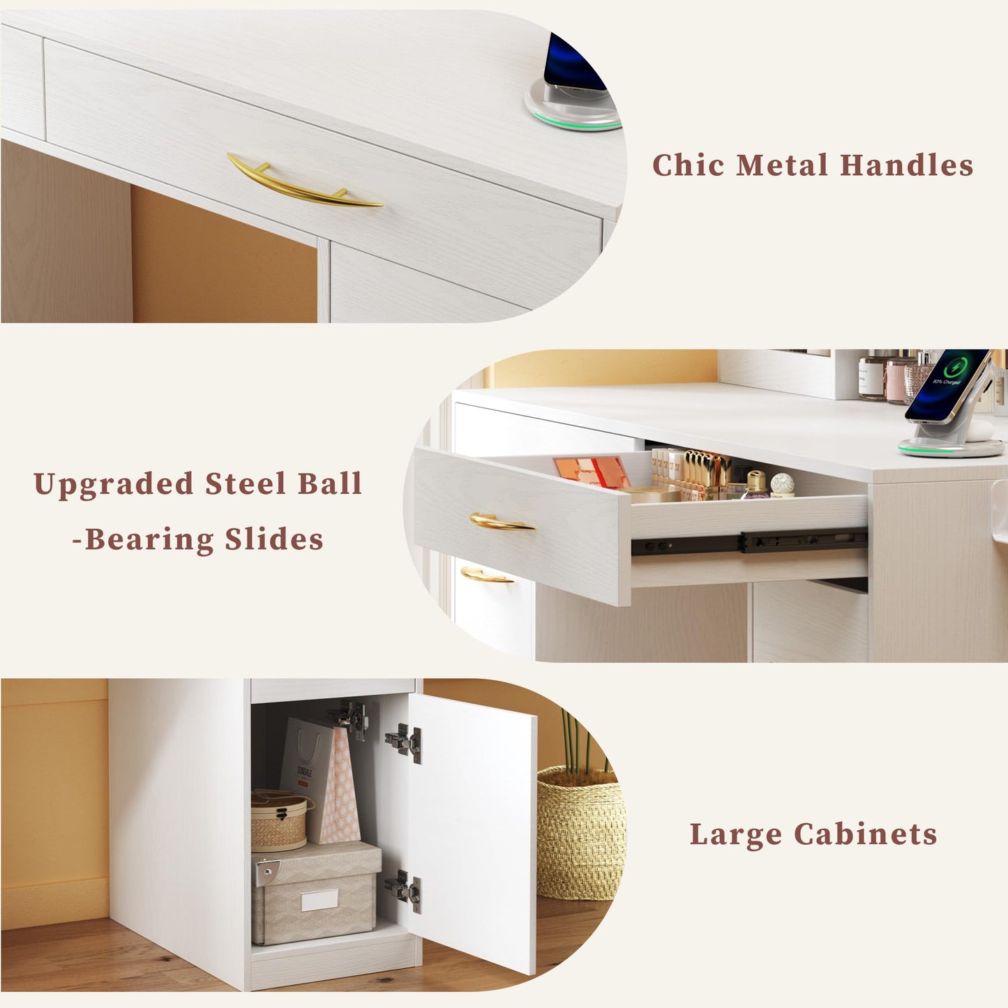 ALEXNUTRE Vanity Desk with Mirror and Lights, Makeup Vanity with Outlets & Large Mirror & 6 Drawers,White Vanity with 3-Color Adjustable Lighting, Makeup Vanity for Bedroom