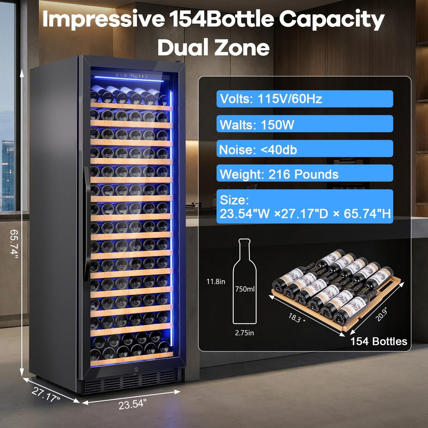 Velivi 24" Wine Cooler Refrigerator Black, 24 Inch Wide Large Capacity Freestanding/Built in Wine Fridge for 154 Bottles with Safety Lock, Professional Wine Cellar with Glass Door