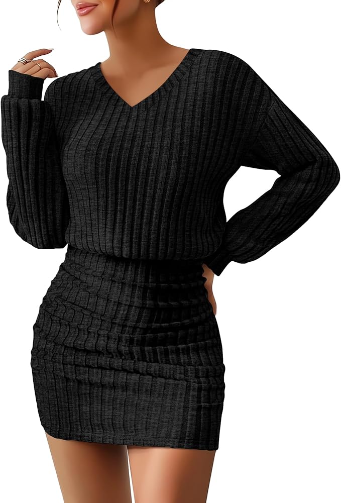 Oakgarden Women's Pullover Sweater Dress Long Lantern Sleeve Ribbed Knit V Neck Ruched Bodycon Mini Dress 2025 Fashion