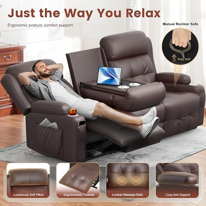 Aotolo Recliner Sofa, Massage Reclining Sofa 3 Seater Sets Heavy Weight Capacity, RV Loveseat Couch Clearance with Flip Back Console, Storage, Cup Holders, Wall Hugger Reclining Couch for Living Room