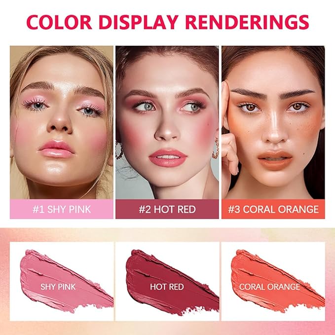 Multi-Use Makeup Blush Stick, Cream Blush Stick, Tinted Solid Moisturizer Stick for Cheek & Eyes & Lips, Waterproof Natural Nude Makeup, Suitable for All Skin (3#Coral Orange)
