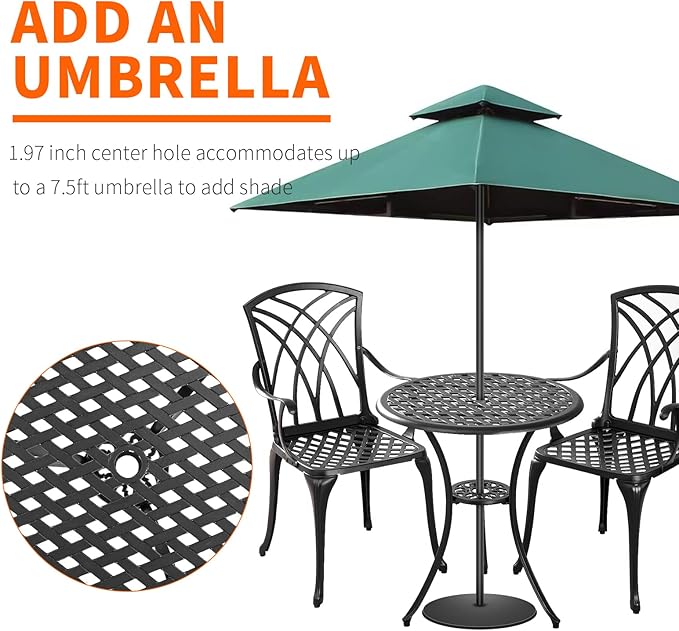 Withniture Patio Bistro Set 3 Piece Outdoor, Cast Aluminum Bistro Table and Chairs Set with Umbrella Hole, Small Bistro Sets Patio Furniture for Porch, Yard (Black, Woven with Armrest)