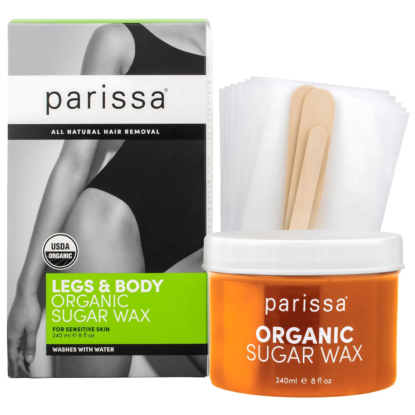 Parissa Organic Sugar Wax Kit for Legs & Body | USDA Certified, Vegan, Hypoallergenic, Microwavable & Water-Washable | Gentle &