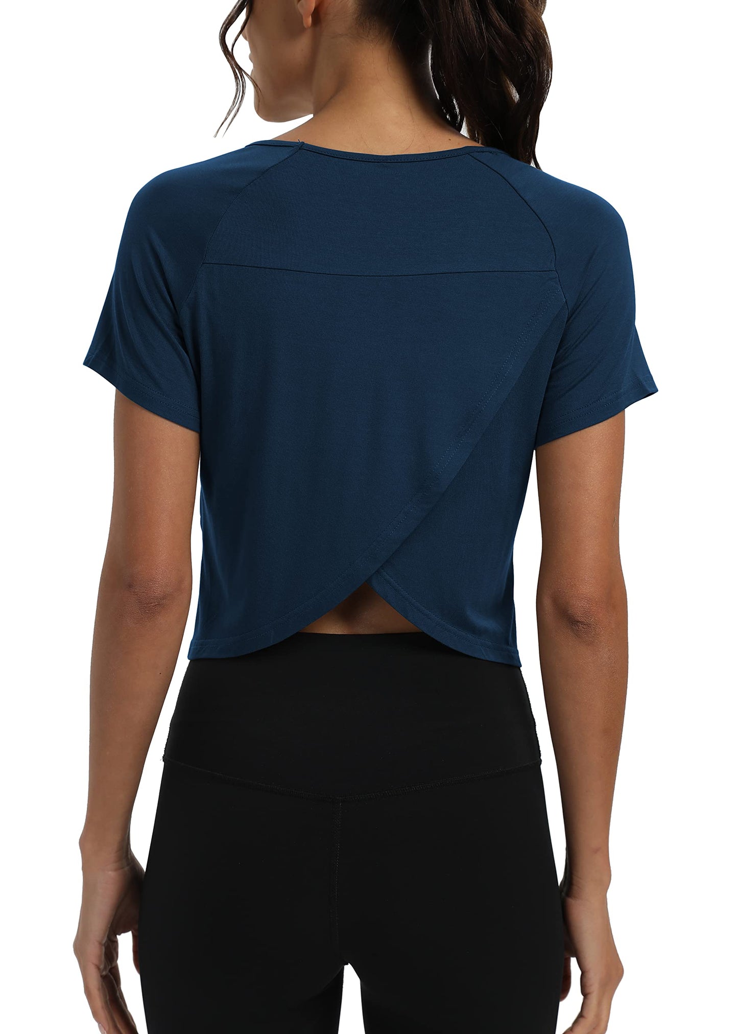 Mippo Short Sleeve Athletic Tops Workout Shirts Exercise Clothes Gym Crop Top Tshirts for Women Loose Fit Navy Blue M
