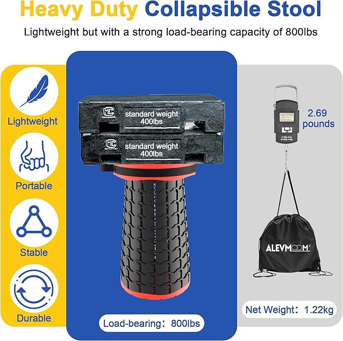 ALEVMOOM Upgraded 18.1" XL Collapsible Stool with Cushion, Portable Folding Stools for Adults Capacity 800lbs, Lightweight Telescoping Stool for Camping Travel Fishing Hiking
