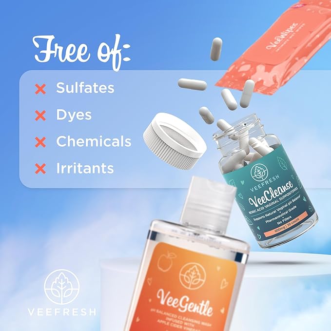 VeeFresh - VeePower Feminine Care Bundle of 3 - VeeCleanse Boric Acid Suppositories, VeeGentle Feminine Wash for Women and VeeWipes Gentle Vaginal Wipes for Optimal Vaginal pH Balance and Odor Control