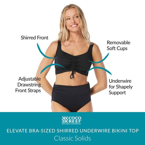 COCO REEF Elevate Bra Sized Shirred Front Underwire Bikini Top - Black Swim Top 38DD