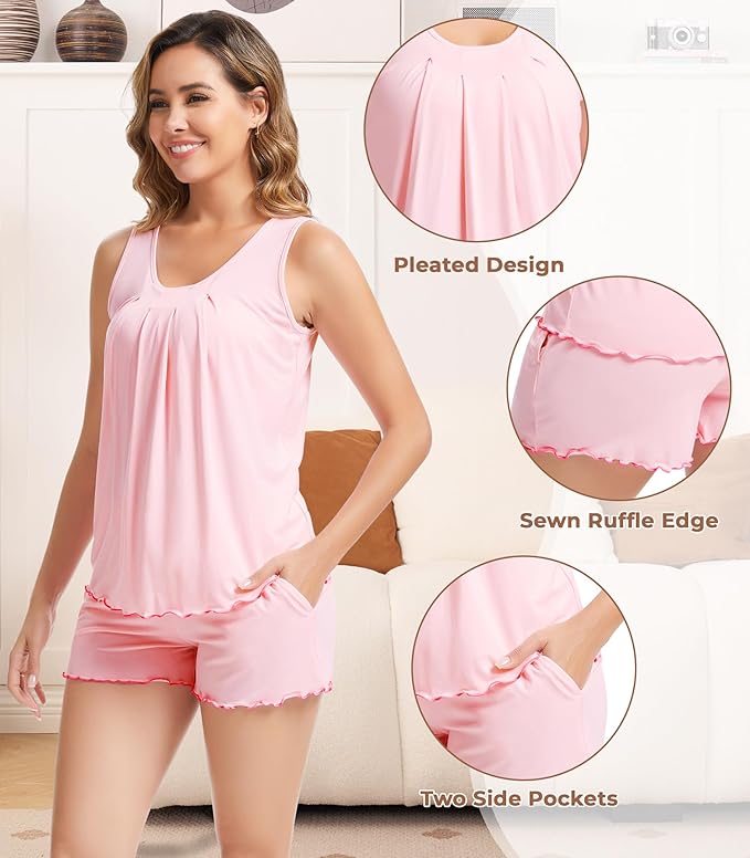 NACHILA Pajamas for Women-Viscose from Bamboo, Ribbed Racerback Tank Top Sexy Split Shorts Pajama Sets Cooling Sleep Cami Pjs