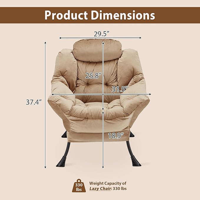 Youtanic Lazy Chair Thick Padded, Comfy Velvet Accent Lounge Chair with Stable Frame, Leisure Sofa Armchair with Armrests and Side Pocket, Reading Chair for Bedroom, Living Room, Office, Khaki
