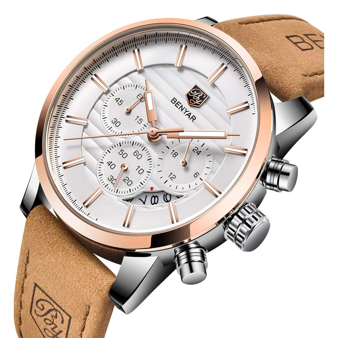 BENYAR Quartz Chronograph Waterproof Watches Business and Sport Design Leather Band Strap Wrist Watch for Men (Brown Gold White)