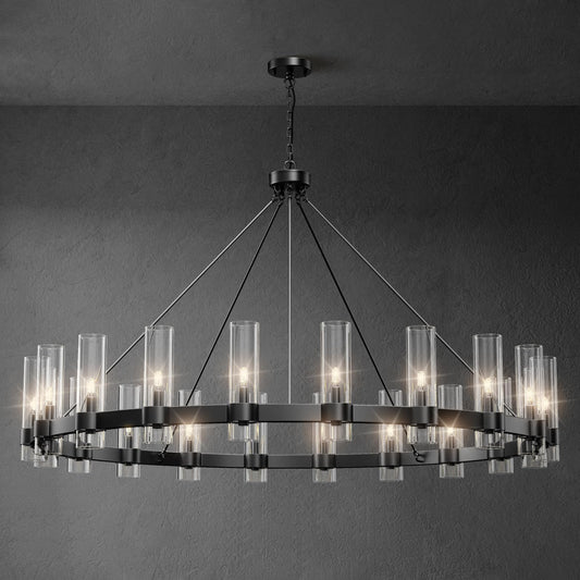 YIOSI 60 Inch Black Round Chandelier, Wagon Wheel Chandelier with Glass Shade, 20-Lights Large Modern Farmhouse High Ceilings Pendant Lighting Fixture for Dining Room, Living Room, Kitchen, Foyer