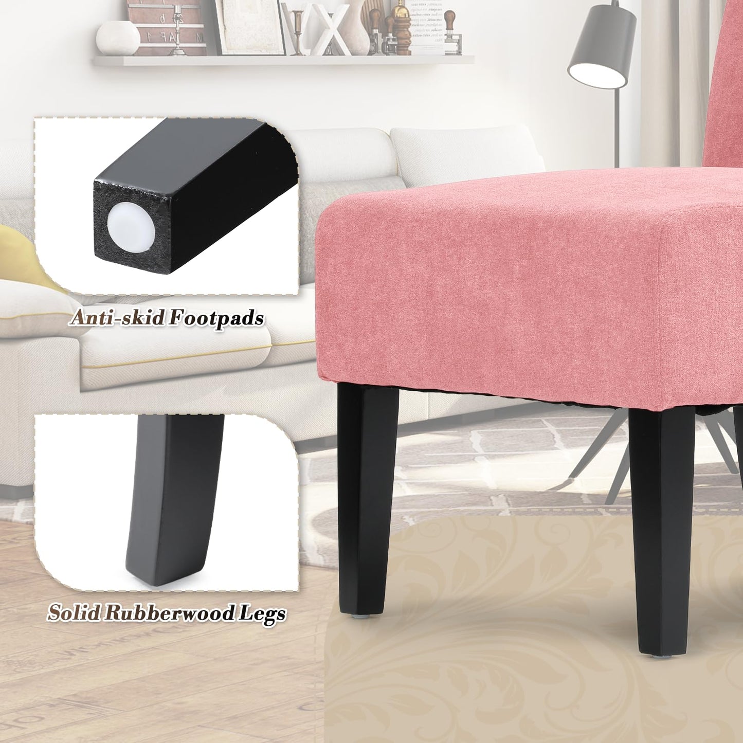 Athena Collection Armless Accent Chairs Set of 2, Comfy Linen Fabric Upholstered Slipper Chair with Wooden Legs for Living Room, Bedroom, Dorm, Balcony, Pink