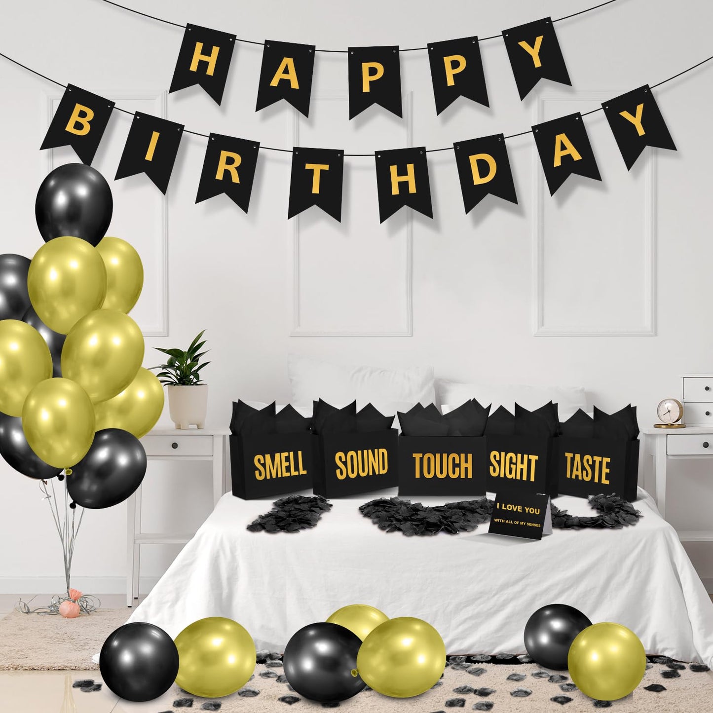 Soulchen 5 Senses Gift Birthday Decorations Five Senses Gift Bags Party Decoration with Happy Birthday Banner Taste Touch Sound Rose Petals Balloon for Party(Black Gold)