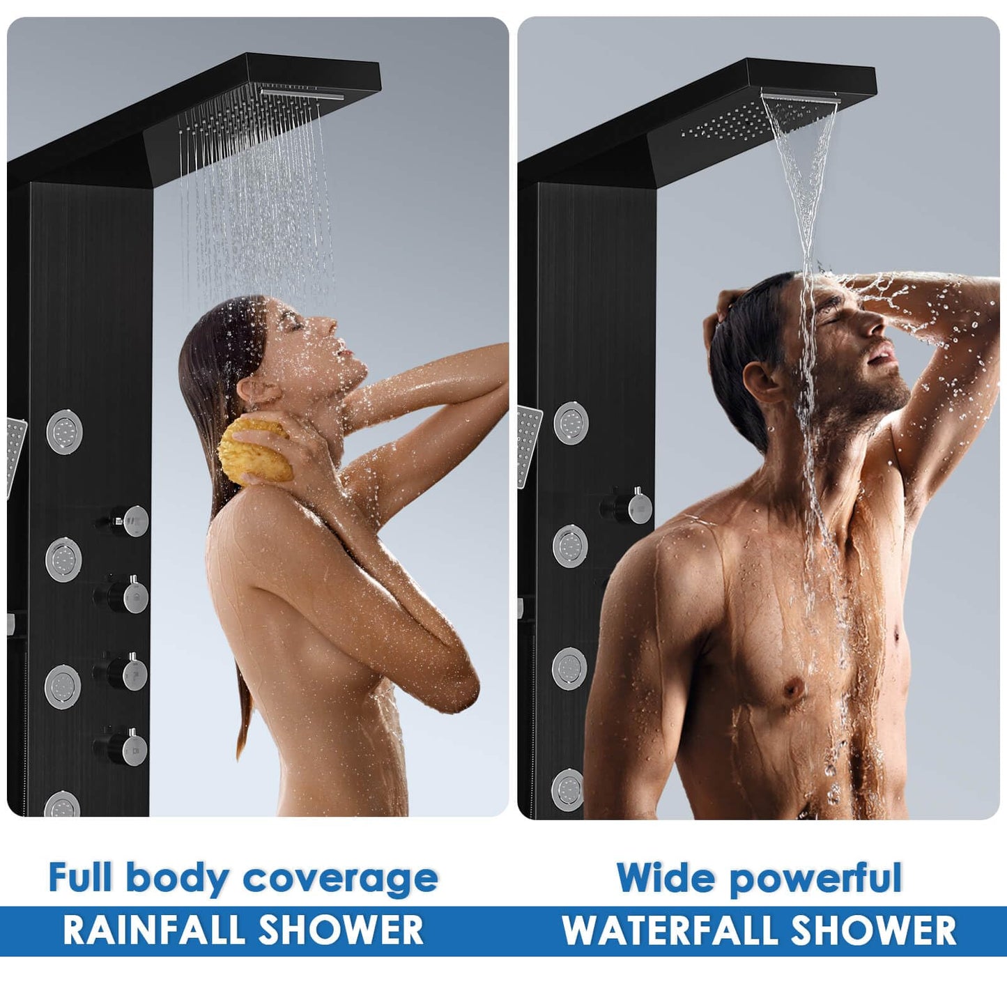 ROVOGO Shower Panel Tower System with Rainfall Waterfall Shower, 5 Body Jets and 3-Setting Handheld, 304 Stainless Steel Shower Column Wall-Mount, Black