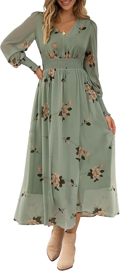 ANRABESS Women's Long Sleeve Floral Maxi Dress Casual V Neck Chiffon Boho Flowy Beach Fall Wedding Guest Party Long Dresses