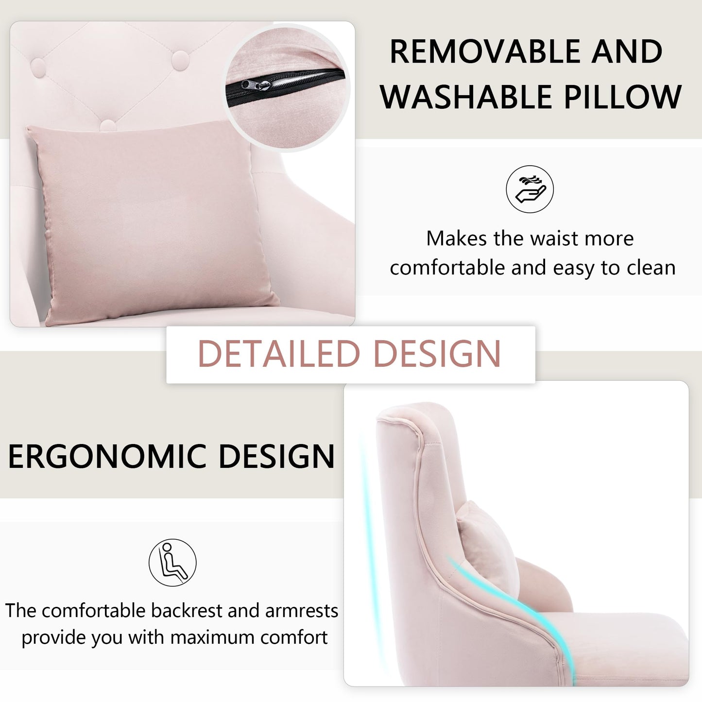 UDAX Velvet Vanity Dining Chairs, Upholstered Makeup Accent Reading Chair, Office Desk Vanity Stool Chairs with Metal Legs for Kitchen, Bedroom, Living Room, Pink