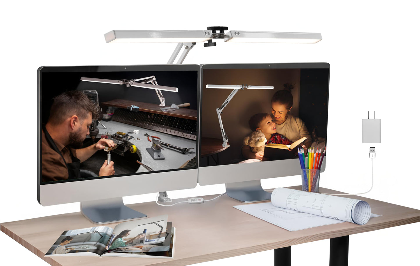 ELEQUS Computer LED Desk Lamp Home Office, Desk Light Bar with Clamp, Architect Table Lamp on Clip for Work, Large Tall Adjustable Flexible Monitor Light, Bright Modern Clamp Lamps for Reading White