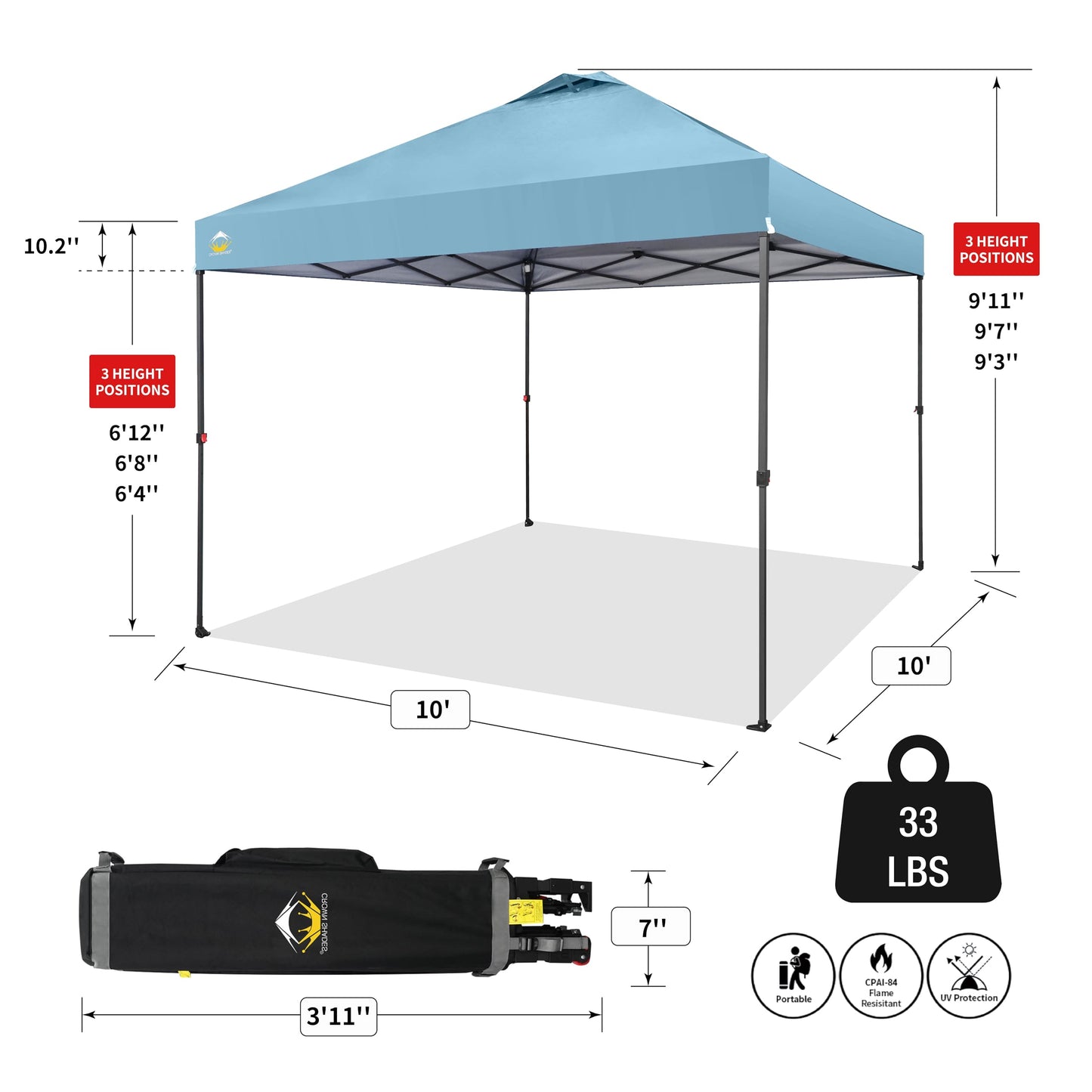 CROWN SHADES 10x10 Pop Up Canopy Tent - Patented Center Lock One Push Instant Outdoor Canopy Beach Tent with STO-N-Go Bag 8 Stakes & 4 Sand Bags，Cyan Blue