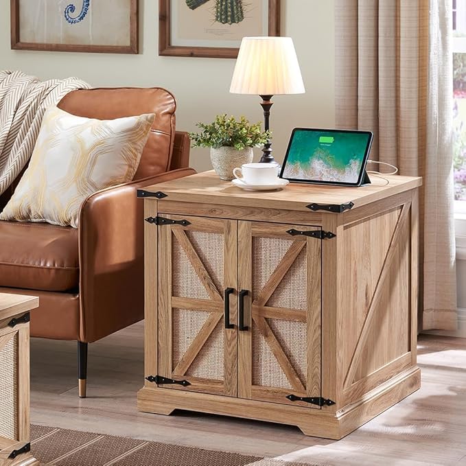 Barnyatoh Farmhouse Boho End Table with Charging Station, 24" Large Side Table with Rattan Barn Door, Rustic Wood Square Nightstand Bedside Table with Storage for Living Room, Bedroom, Natural