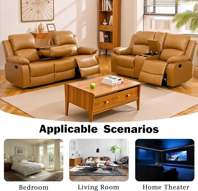 Caberryne Leather Recliner Sofa Set, 2 Pieces, Ginger, Modern Style, Bonded Leather, Sofa & Loveseat, Manual Recline, 82x37x40 inches, 1200 pounds