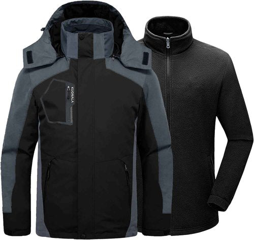 Kugnala Mens Winter Skiing Jacket 3 in 1 Waterproof Warm Snow Fleece Lining Coat Hooded Windproof Jacket Black/Grey S