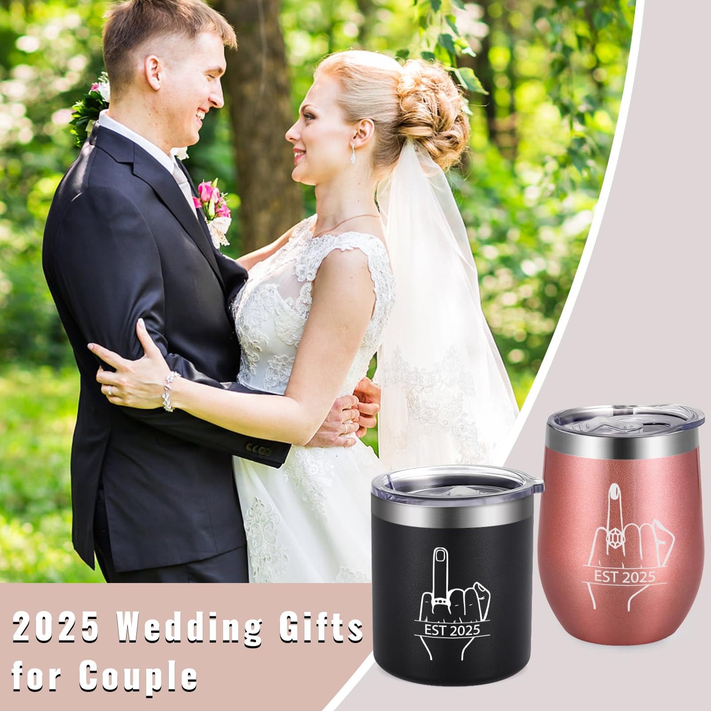 Qtencas Ring Finger EST 2025 Stainless Steel Whiskey & Wine Tumbler Set, Wedding Gift for Couple, Unique Engagement Present for Friends Mr Mrs His Her Just Married, 12oz Black & Rose Gold